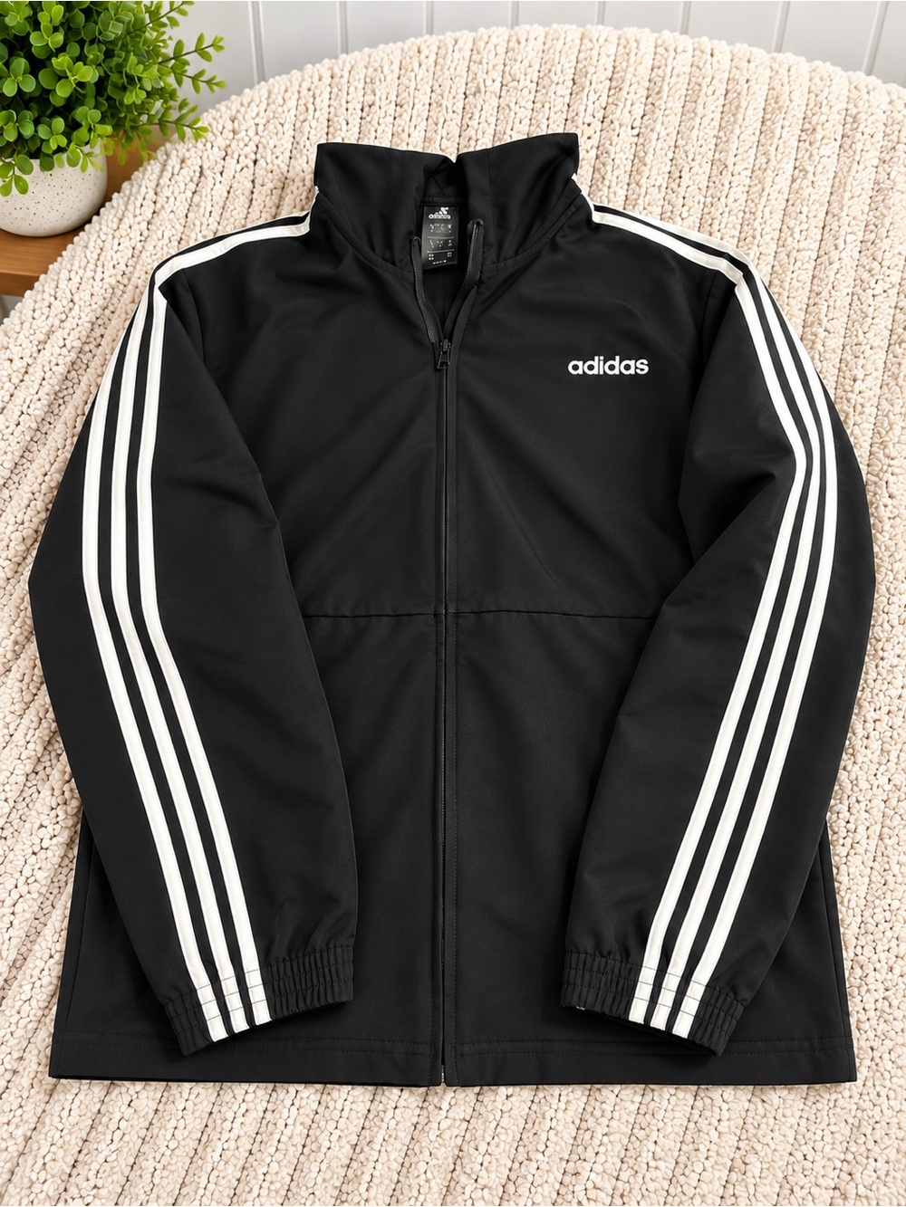 Mens adidas Black Hooded Windbreaker with White Three-Stripe Detail